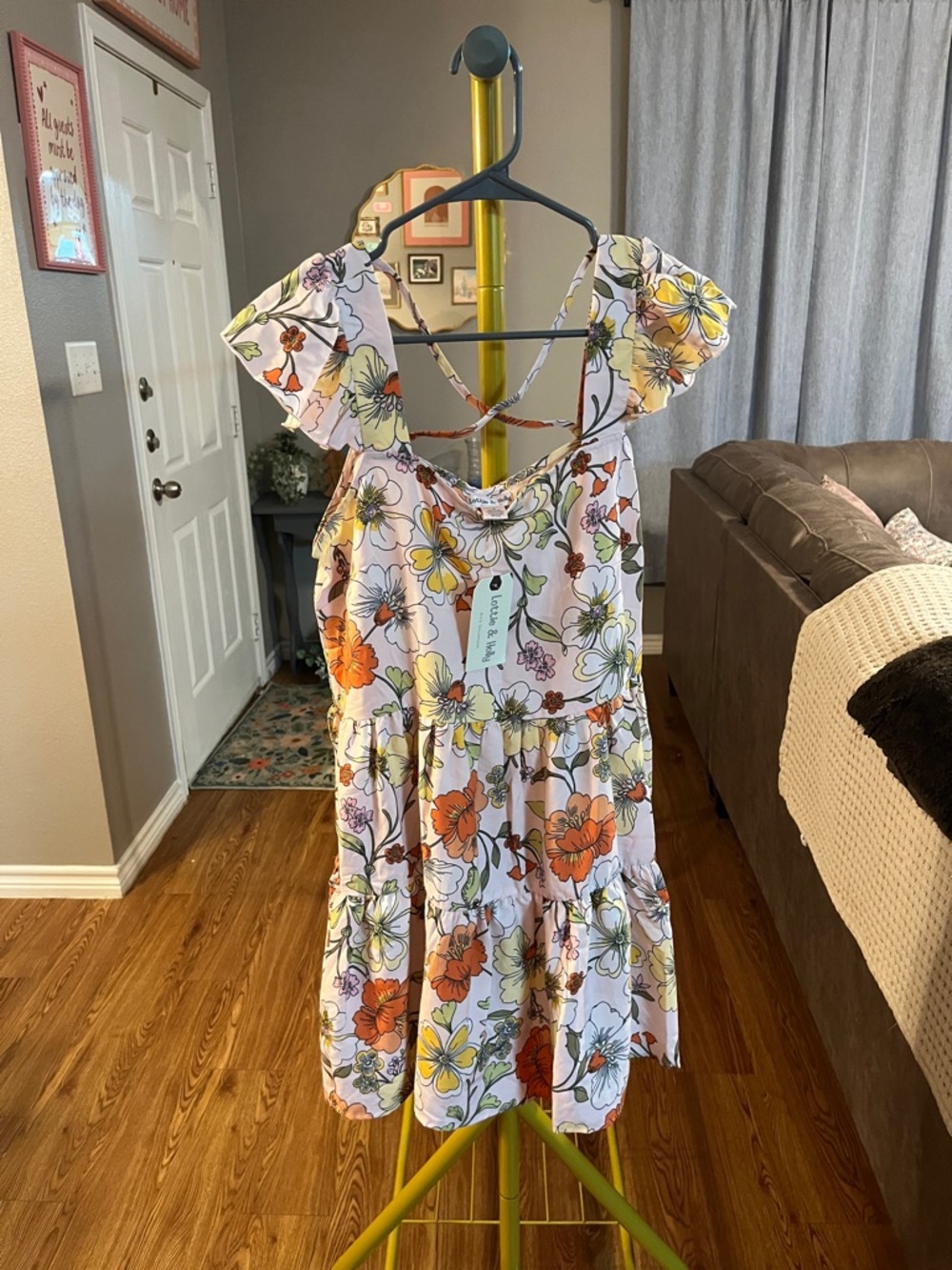 Floral Puff Sleeve Sundress in Light Pink with Orange & Yellow Blooms